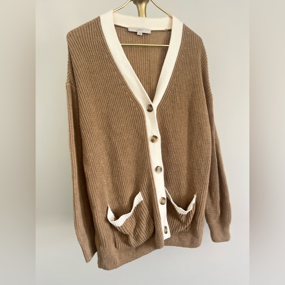 LOFT Tan and Cream Women's Old money minimalist Cardigan Sweater L 100% cotton